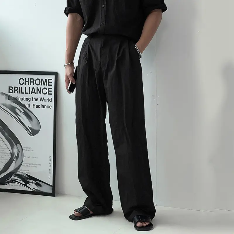 IEFB Summer Men's Trousers Casual Versatile Pleated Design Thin Wide Leg Menswear Loose Straight Solid Color Male Pants 9W2912