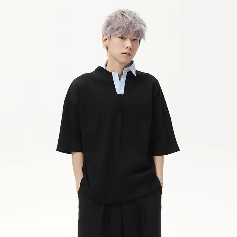 IEFB Irregular Lapel Design Men's Tees Contrast Color Short Sleeved Casual Korean Style Button Loose Male T-shirts Summer 9W2789