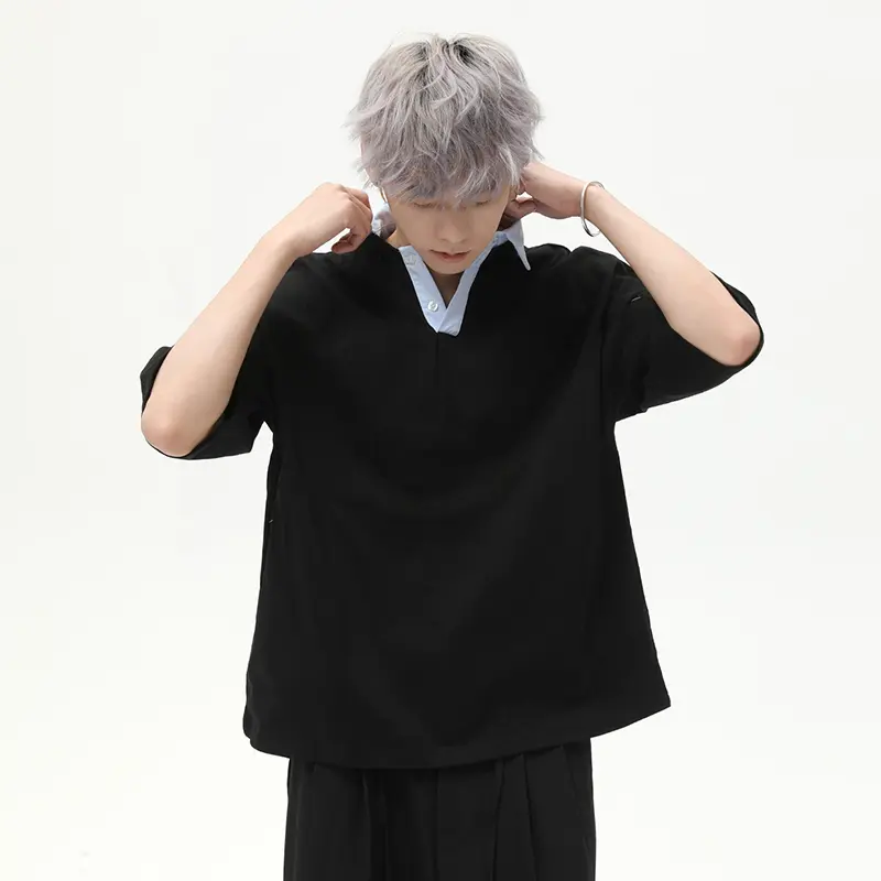 IEFB Irregular Lapel Design Men's Tees Contrast Color Short Sleeved Casual Korean Style Button Loose Male T-shirts Summer 9W2789