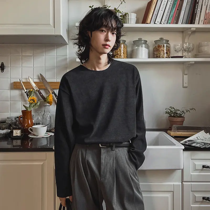 IEFB New Autumn Men's T-shirts O-neck Solid Color Casual Korean Style Tees Simple Long Sleeved Loose Pullover Male Tees 9W4252