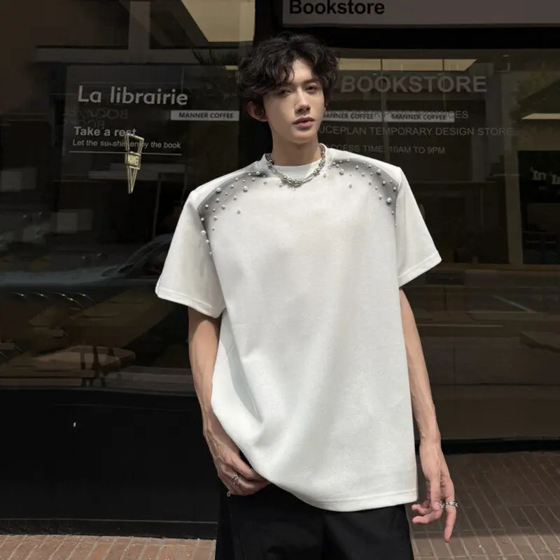 IEFB Short Sleeve Top New Fashion Men's Clothing Summer Spray Painted Pearl Men's Shoulder Pad Round Collar T-shirt 2025 9W3087
