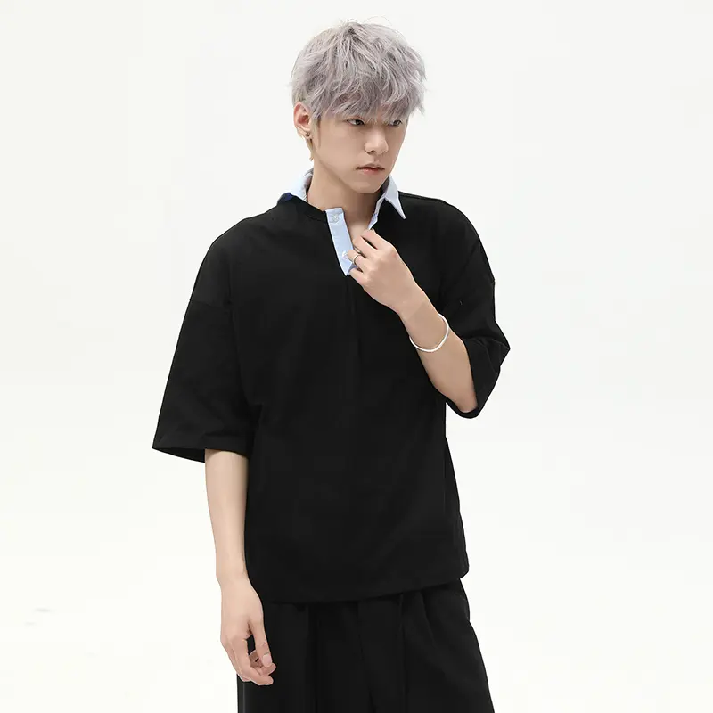 IEFB Irregular Lapel Design Men's Tees Contrast Color Short Sleeved Casual Korean Style Button Loose Male T-shirts Summer 9W2789