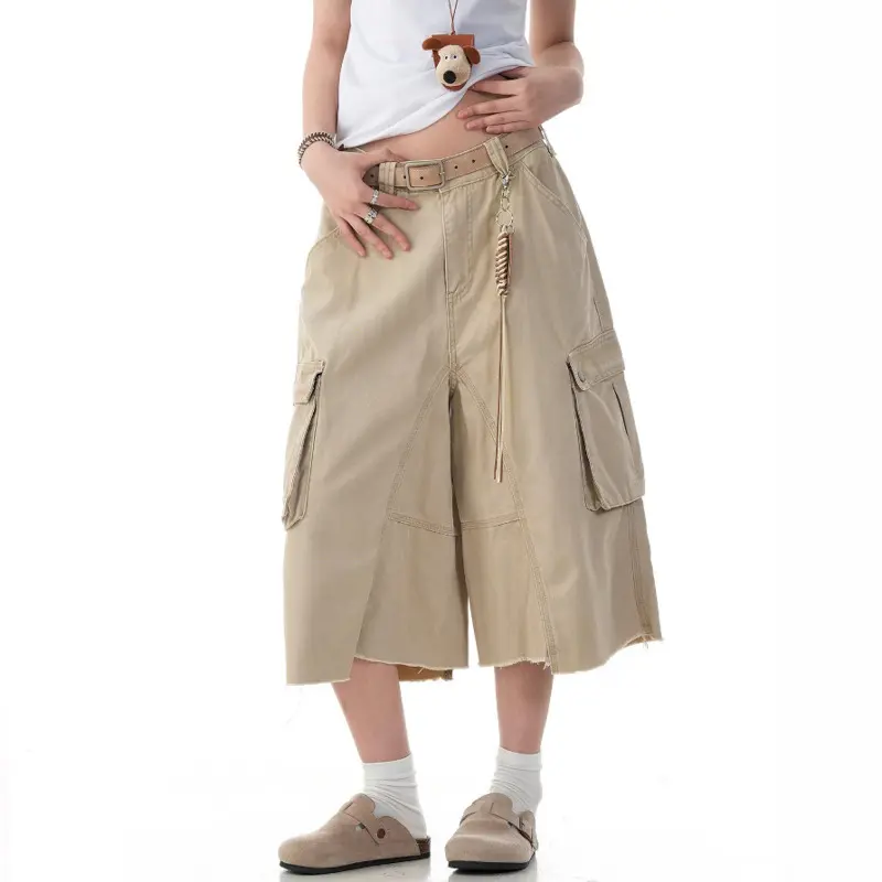 IEFB American Style Men's Cargo Shorts Solid Color Side Pockets Washing Worn-out Irregular Straight Leg Loose Male Bottom 9W2804