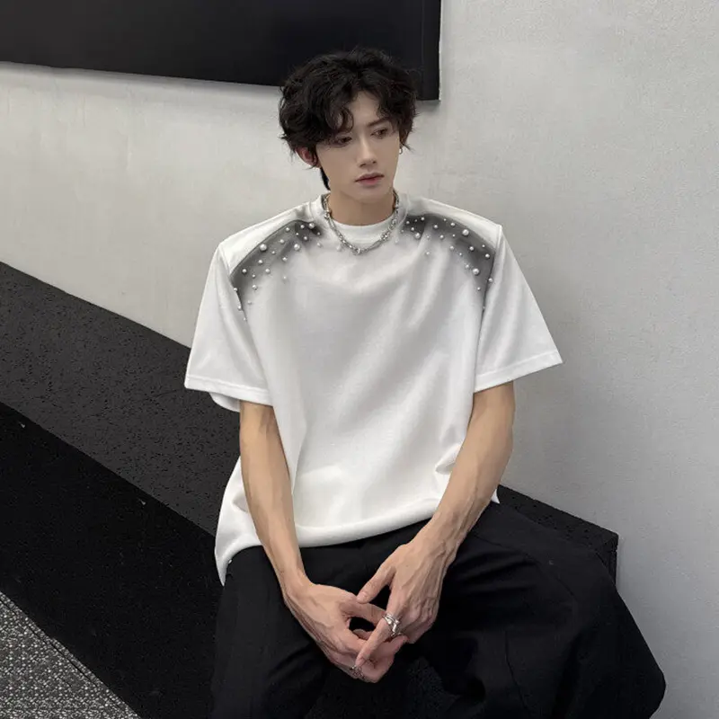 IEFB Short Sleeve Top New Fashion Men's Clothing Summer Spray Painted Pearl Men's Shoulder Pad Round Collar T-shirt 2025 9W3087