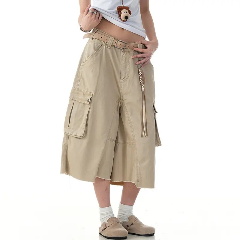 IEFB American Style Men's Cargo Shorts Solid Color Side Pockets Washing Worn-out Irregular Straight Leg Loose Male Bottom 9W2804