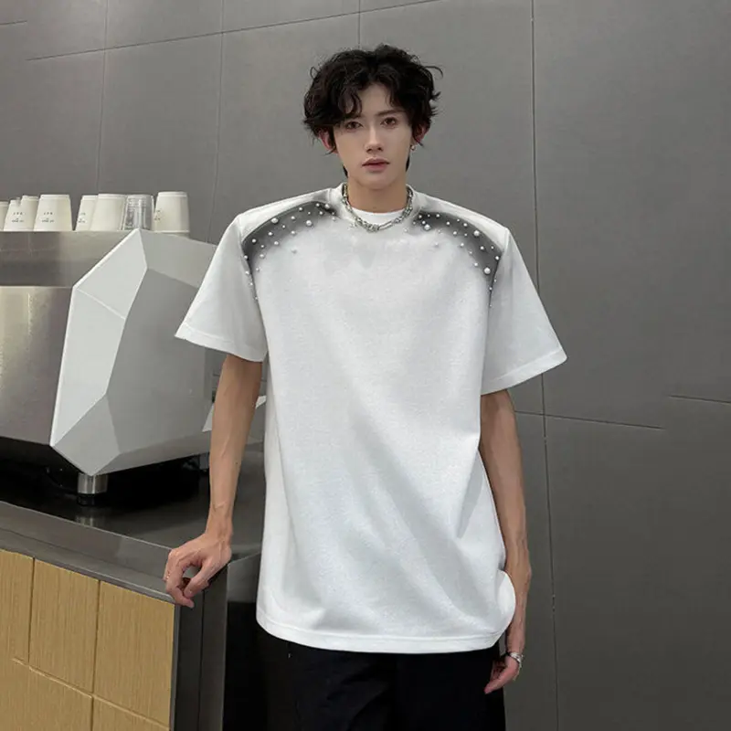 IEFB Short Sleeve Top New Fashion Men's Clothing Summer Spray Painted Pearl Men's Shoulder Pad Round Collar T-shirt 2025 9W3087