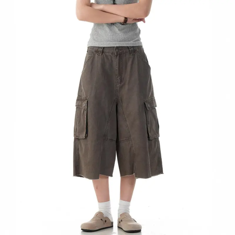 IEFB American Style Men's Cargo Shorts Solid Color Side Pockets Washing Worn-out Irregular Straight Leg Loose Male Bottom 9W2804