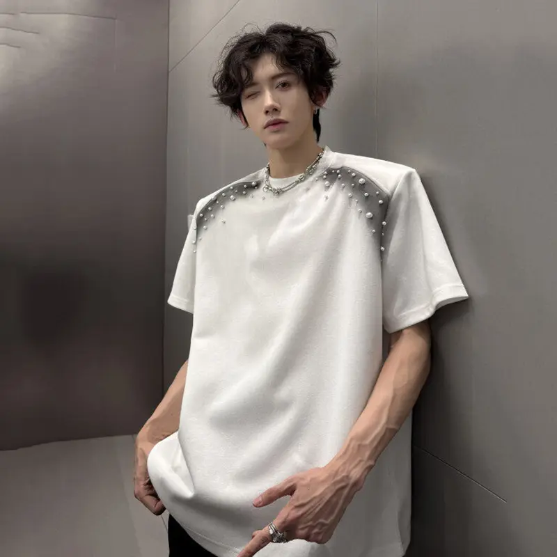 IEFB Short Sleeve Top New Fashion Men's Clothing Summer Spray Painted Pearl Men's Shoulder Pad Round Collar T-shirt 2025 9W3087