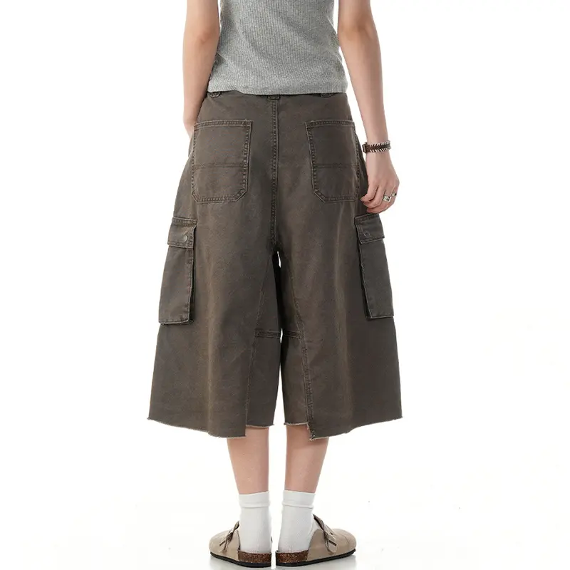 IEFB American Style Men's Cargo Shorts Solid Color Side Pockets Washing Worn-out Irregular Straight Leg Loose Male Bottom 9W2804