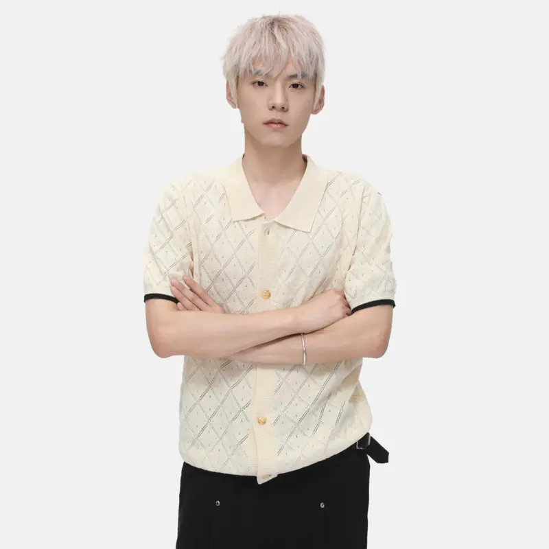 IEFB Niche Design Men's T-shirt Turn-down Collar Contrast Color Knitting Hollow Out Short Sleeve Single Breasted Male Tee 9W3388