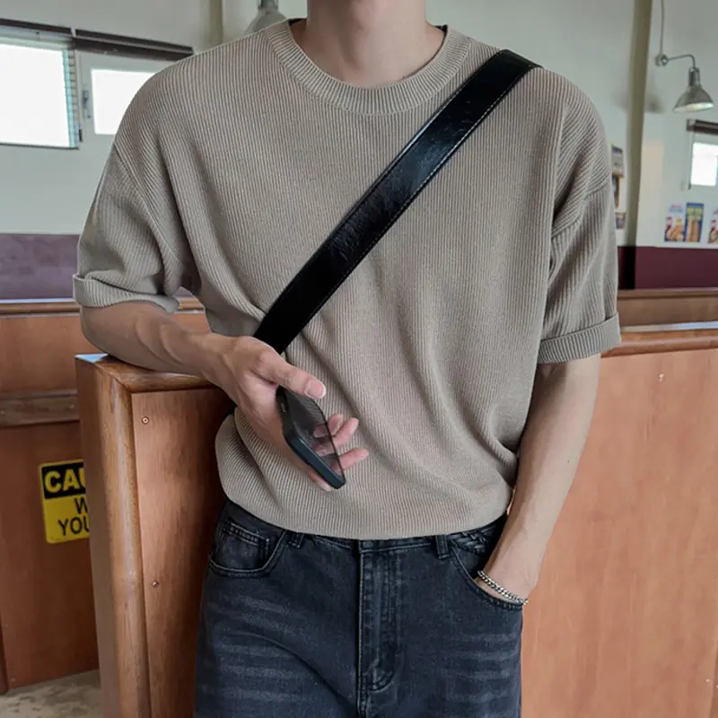 IEFB New Simple Men's Tees Round Collar Knitting Casual Solid Color Short Sleeved Tops Loose Pullover Male T-shirt Korean 9W3668