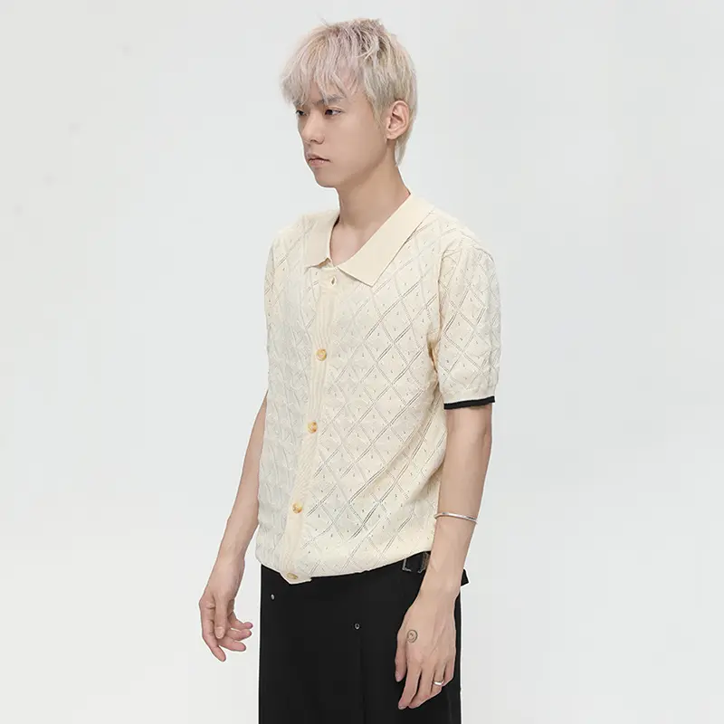 IEFB Niche Design Men's T-shirt Turn-down Collar Contrast Color Knitting Hollow Out Short Sleeve Single Breasted Male Tee 9W3388