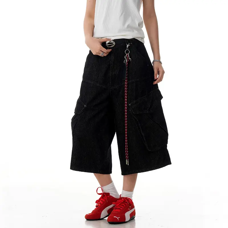 IEFB American Style Cargo Denim Shorts Loose Fit Men Straight Wide Leg Casual Multi Pockets Over Knee Length Male Jeans 9W3127