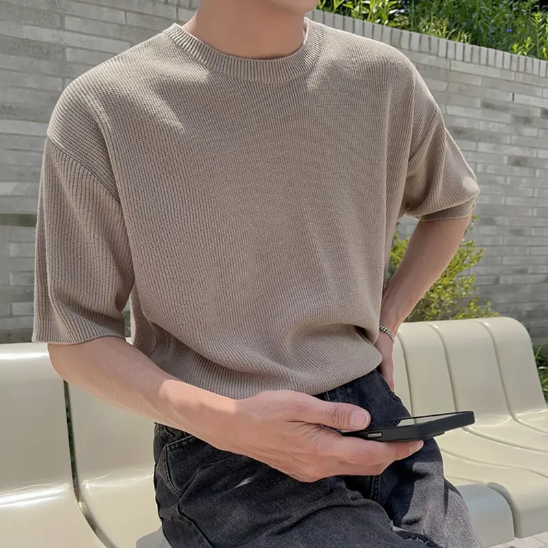IEFB New Simple Men's Tees Round Collar Knitting Casual Solid Color Short Sleeved Tops Loose Pullover Male T-shirt Korean 9W3668