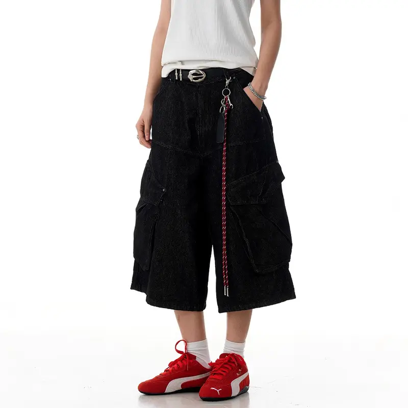 IEFB American Style Cargo Denim Shorts Loose Fit Men Straight Wide Leg Casual Multi Pockets Over Knee Length Male Jeans 9W3127