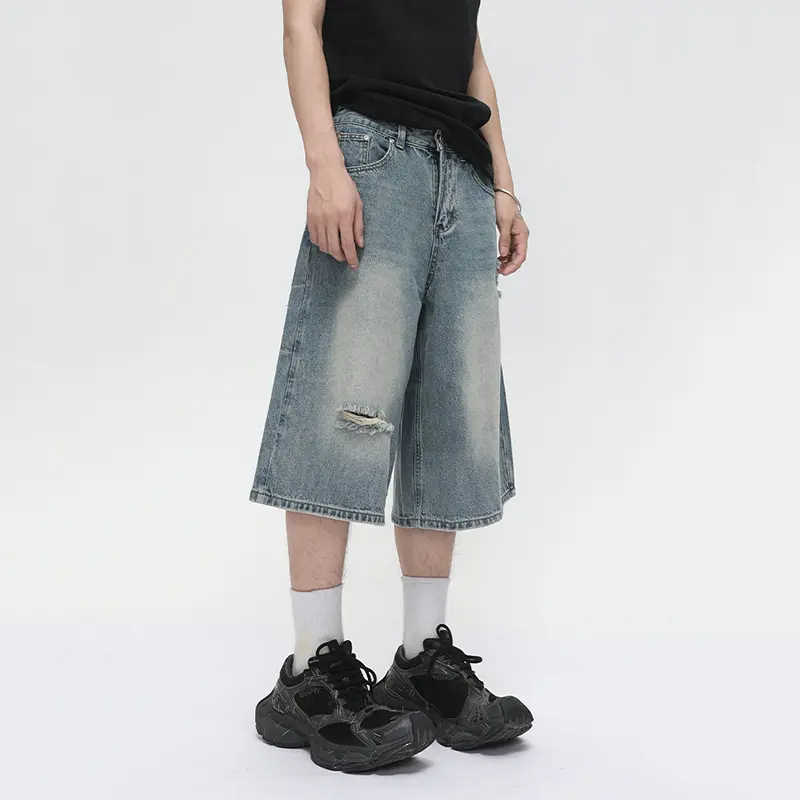 IEFB Korean Style Men's Jeans Solid Color Holes Design Worn-out Wide Leg Peronalized Straight Male Denim Shorts Summer 9W3382
