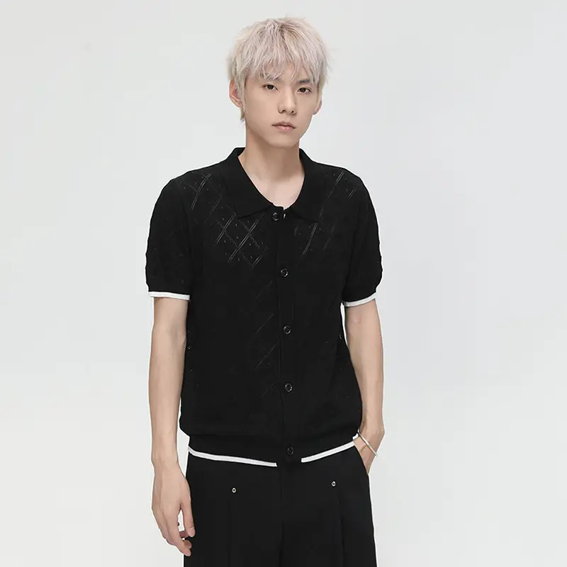 IEFB Niche Design Men's T-shirt Turn-down Collar Contrast Color Knitting Hollow Out Short Sleeve Single Breasted Male Tee 9W3388