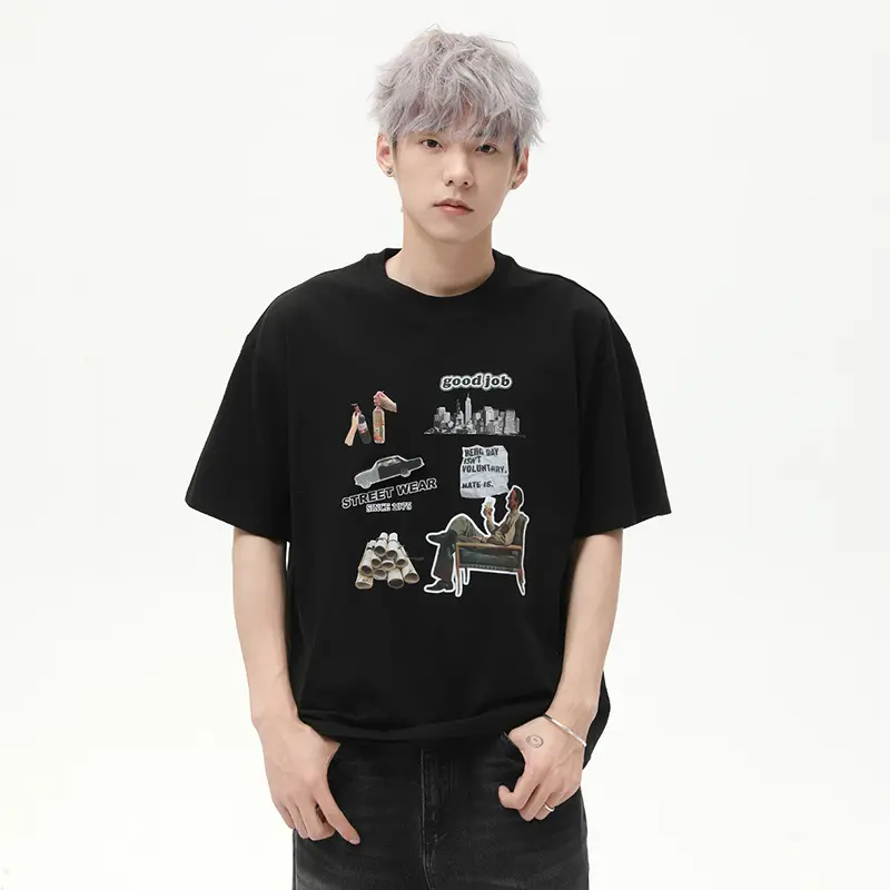 IEFB Niche Design Men's Tees Round Neck Cartoon Letter Printing Contrast Color Short Sleeved Casual Male T-shirts Trendy 9W2779