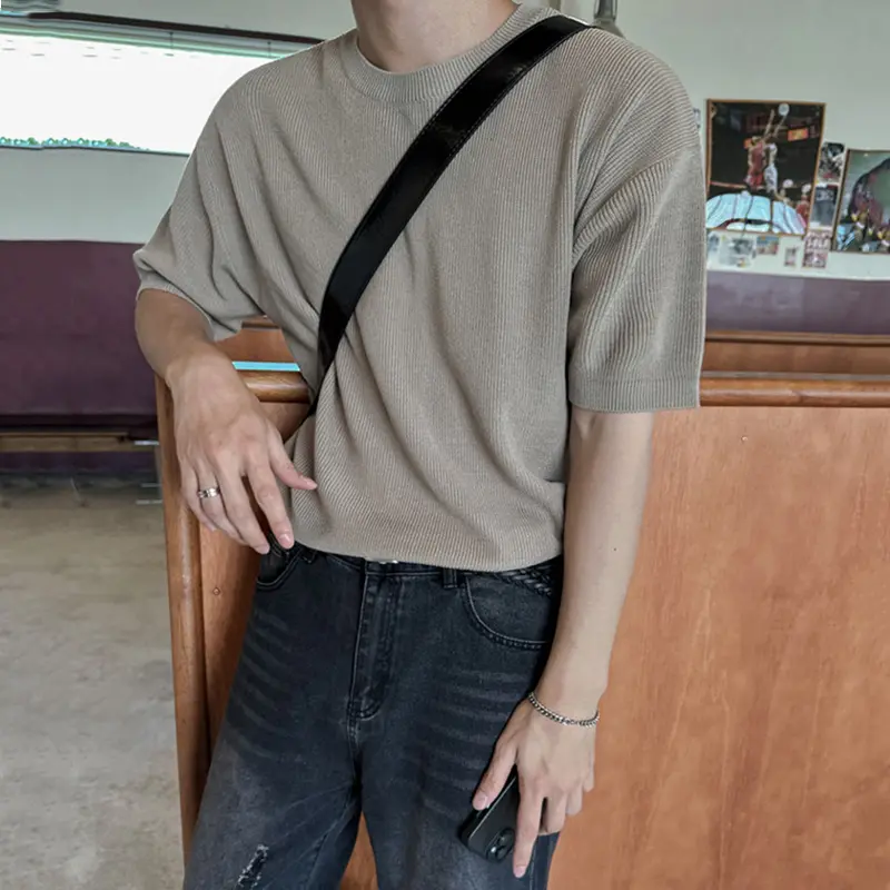 IEFB New Simple Men's Tees Round Collar Knitting Casual Solid Color Short Sleeved Tops Loose Pullover Male T-shirt Korean 9W3668