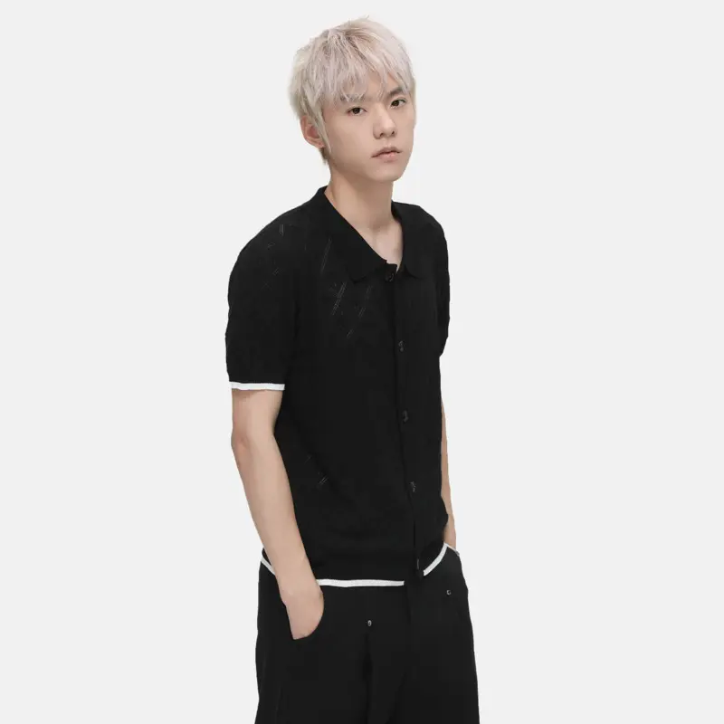 IEFB Niche Design Men's T-shirt Turn-down Collar Contrast Color Knitting Hollow Out Short Sleeve Single Breasted Male Tee 9W3388