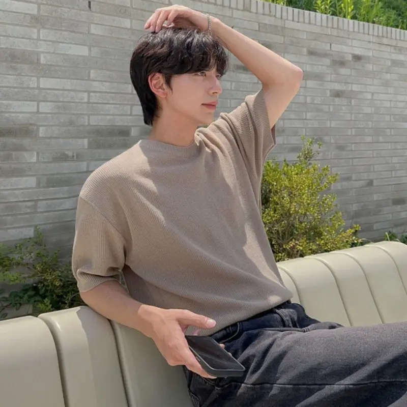 IEFB New Simple Men's Tees Round Collar Knitting Casual Solid Color Short Sleeved Tops Loose Pullover Male T-shirt Korean 9W3668