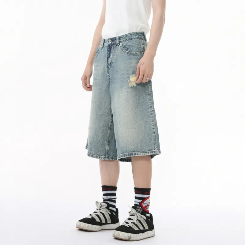 IEFB Korean Style Men's Jeans Solid Color Holes Design Worn-out Wide Leg Peronalized Straight Male Denim Shorts Summer 9W3382