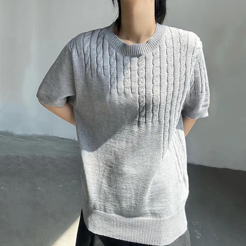IEFB New Simple Men's T-shirts Twist Knittng Solid Color O-neck Short Sleeved Casual Menswear Loose Pullover Male Tees 9W2951
