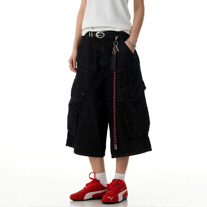 IEFB American Style Cargo Denim Shorts Loose Fit Men Straight Wide Leg Casual Multi Pockets Over Knee Length Male Jeans 9W3127