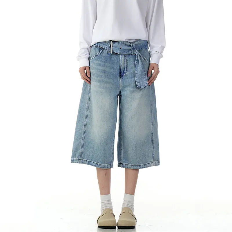 IEFB High Street Men's Jort American Style Washed Blue Cropped Jeans Belt Waist Denim Shorts Straight Loose Summer New 9W3256