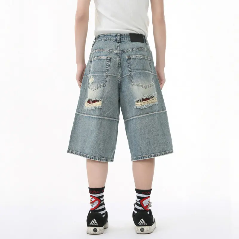 IEFB Korean Style Men's Jeans Solid Color Holes Design Worn-out Wide Leg Peronalized Straight Male Denim Shorts Summer 9W3382