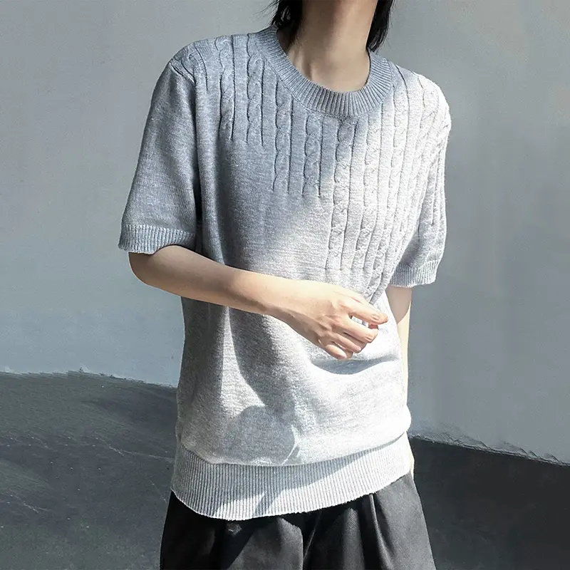 IEFB New Simple Men's T-shirts Twist Knittng Solid Color O-neck Short Sleeved Casual Menswear Loose Pullover Male Tees 9W2951