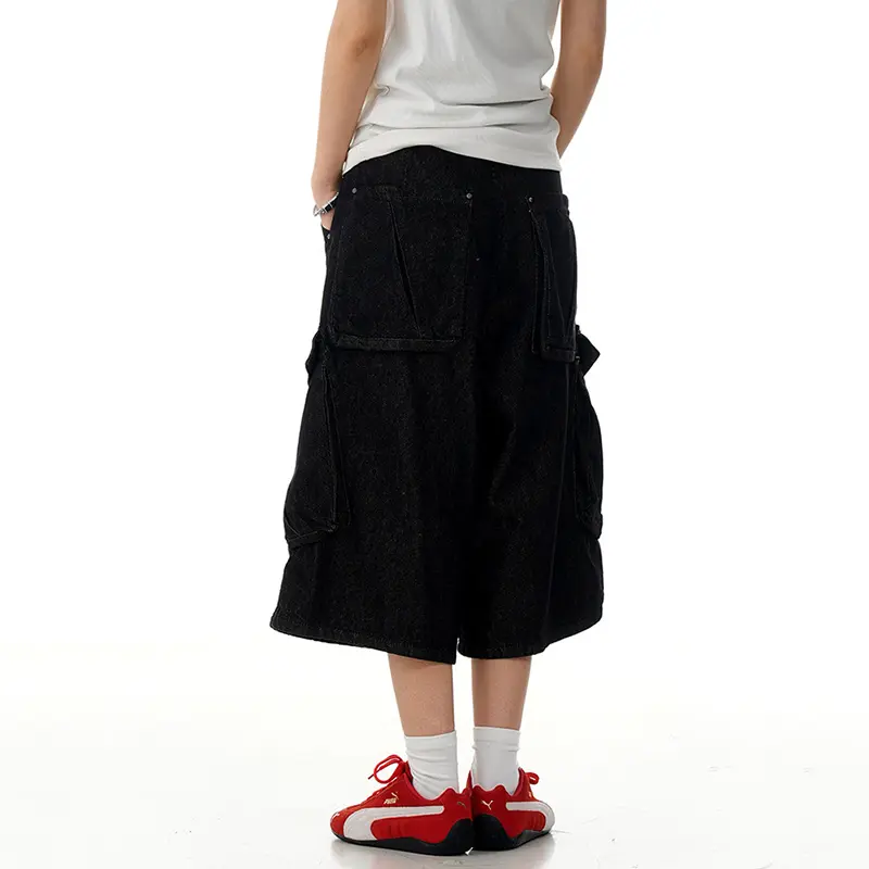 IEFB American Style Cargo Denim Shorts Loose Fit Men Straight Wide Leg Casual Multi Pockets Over Knee Length Male Jeans 9W3127