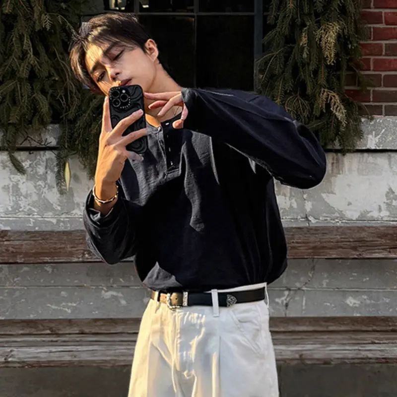 IEFB New Summer Men's T-shirts Round Collar Button Design Solid Color Long Sleeve Tops All-match Pullover Loose Male Tees 9W3914
