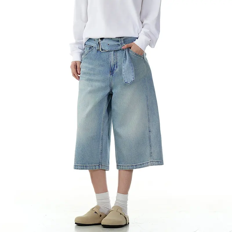 IEFB High Street Men's Jort American Style Washed Blue Cropped Jeans Belt Waist Denim Shorts Straight Loose Summer New 9W3256