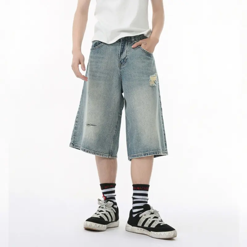 IEFB Korean Style Men's Jeans Solid Color Holes Design Worn-out Wide Leg Peronalized Straight Male Denim Shorts Summer 9W3382