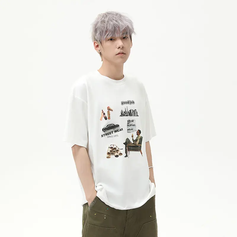 IEFB Niche Design Men's Tees Round Neck Cartoon Letter Printing Contrast Color Short Sleeved Casual Male T-shirts Trendy 9W2779