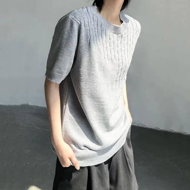 IEFB New Simple Men's T-shirts Twist Knittng Solid Color O-neck Short Sleeved Casual Menswear Loose Pullover Male Tees 9W2951
