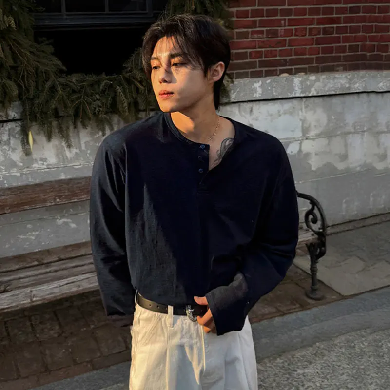 IEFB New Summer Men's T-shirts Round Collar Button Design Solid Color Long Sleeve Tops All-match Pullover Loose Male Tees 9W3914