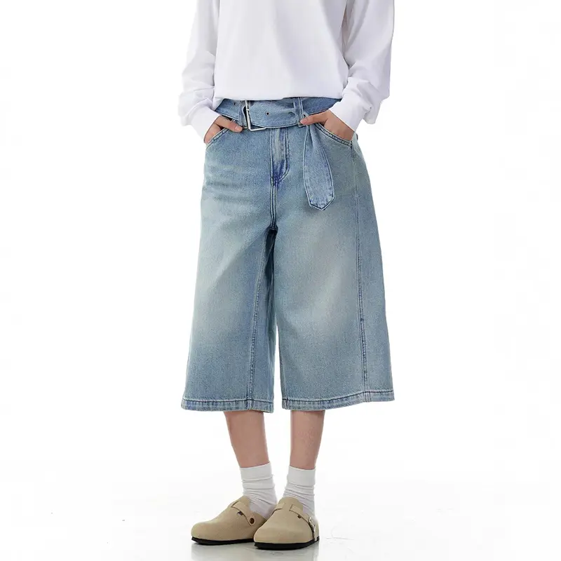 IEFB High Street Men's Jort American Style Washed Blue Cropped Jeans Belt Waist Denim Shorts Straight Loose Summer New 9W3256