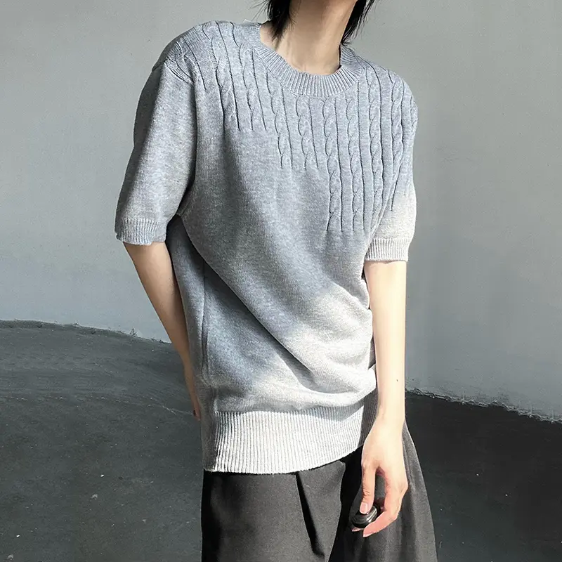 IEFB New Simple Men's T-shirts Twist Knittng Solid Color O-neck Short Sleeved Casual Menswear Loose Pullover Male Tees 9W2951