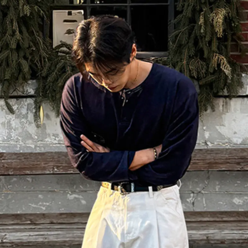 IEFB New Summer Men's T-shirts Round Collar Button Design Solid Color Long Sleeve Tops All-match Pullover Loose Male Tees 9W3914