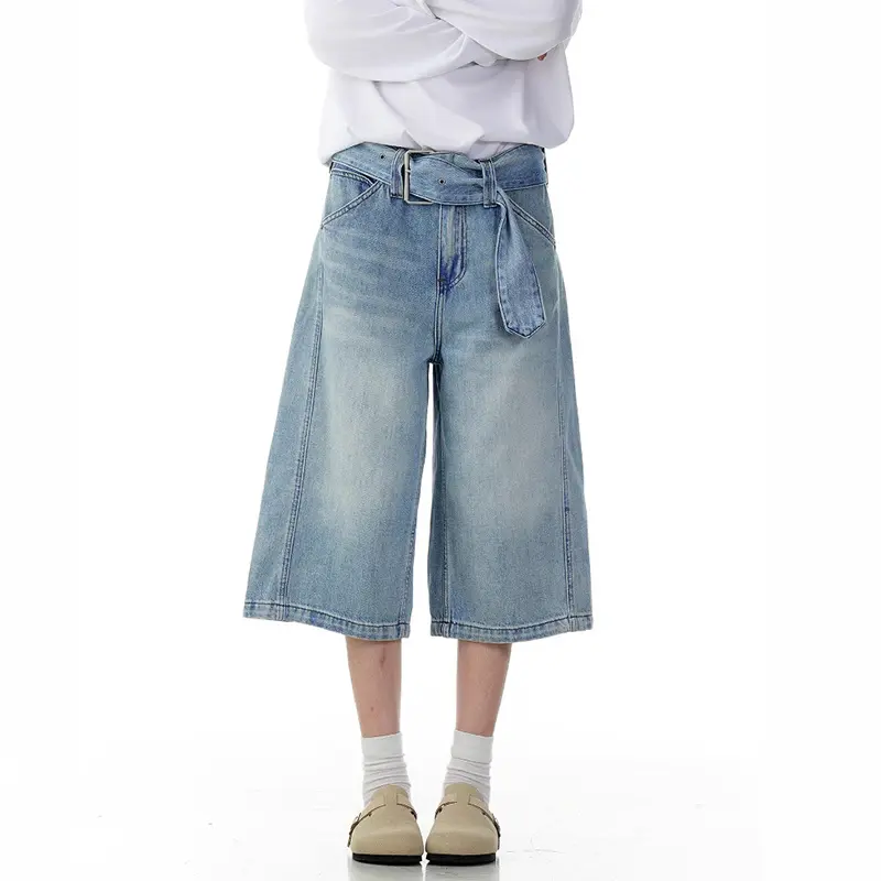 IEFB High Street Men's Jort American Style Washed Blue Cropped Jeans Belt Waist Denim Shorts Straight Loose Summer New 9W3256
