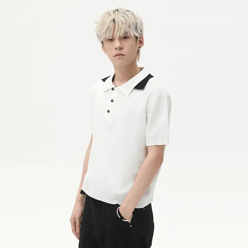 IEFB Korean Style Men's Tees Double Lapel Button Design Knitted Contrast Color Vintage Short Sleeved Loose Male T-shirts 9W3020