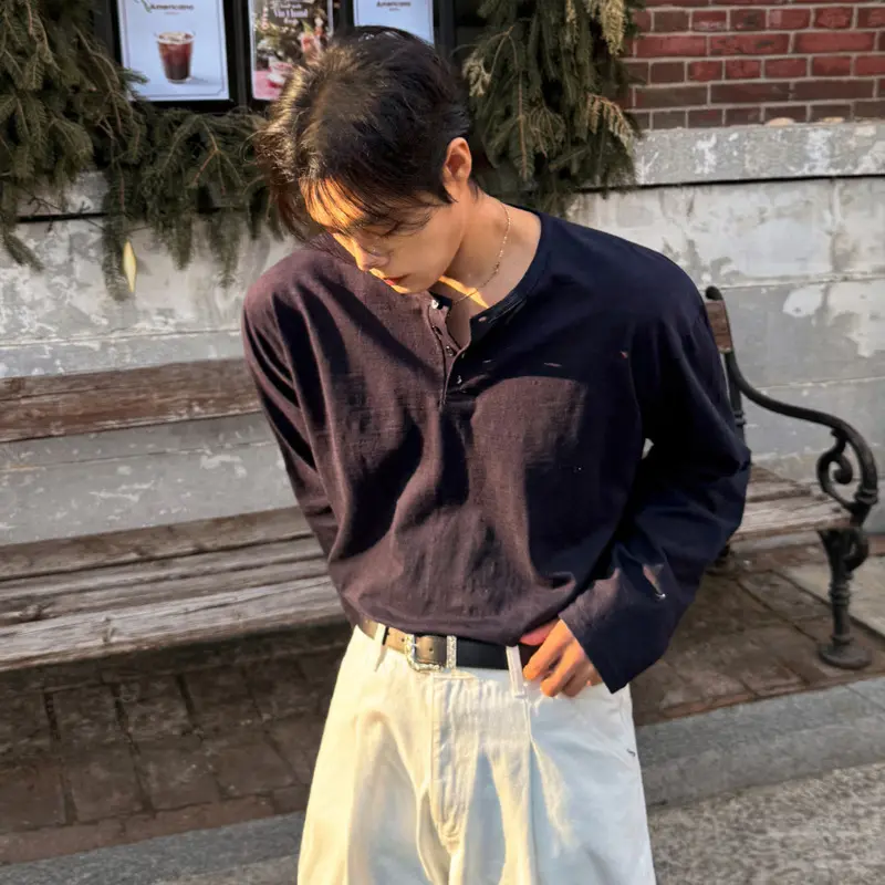 IEFB New Summer Men's T-shirts Round Collar Button Design Solid Color Long Sleeve Tops All-match Pullover Loose Male Tees 9W3914