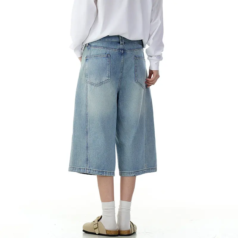 IEFB High Street Men's Jort American Style Washed Blue Cropped Jeans Belt Waist Denim Shorts Straight Loose Summer New 9W3256
