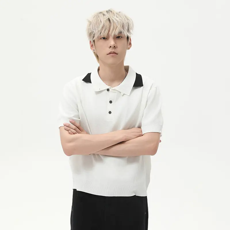 IEFB Korean Style Men's Tees Double Lapel Button Design Knitted Contrast Color Vintage Short Sleeved Loose Male T-shirts 9W3020