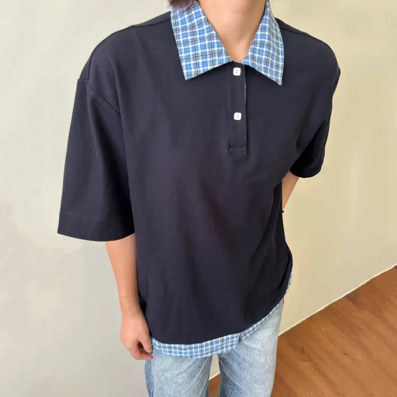 IEFB Fake Two-piece Men T-shirts Lapel Plaid Design Contrast Color Patchwork Casual Menswear Loose Short Sleeve Male Tees 9W3219