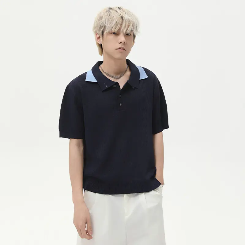 IEFB Korean Style Men's Tees Double Lapel Button Design Knitted Contrast Color Vintage Short Sleeved Loose Male T-shirts 9W3020