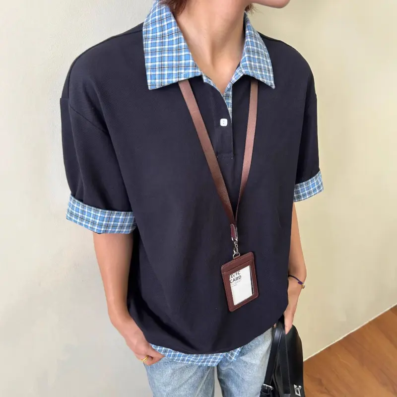 IEFB Fake Two-piece Men T-shirts Lapel Plaid Design Contrast Color Patchwork Casual Menswear Loose Short Sleeve Male Tees 9W3219