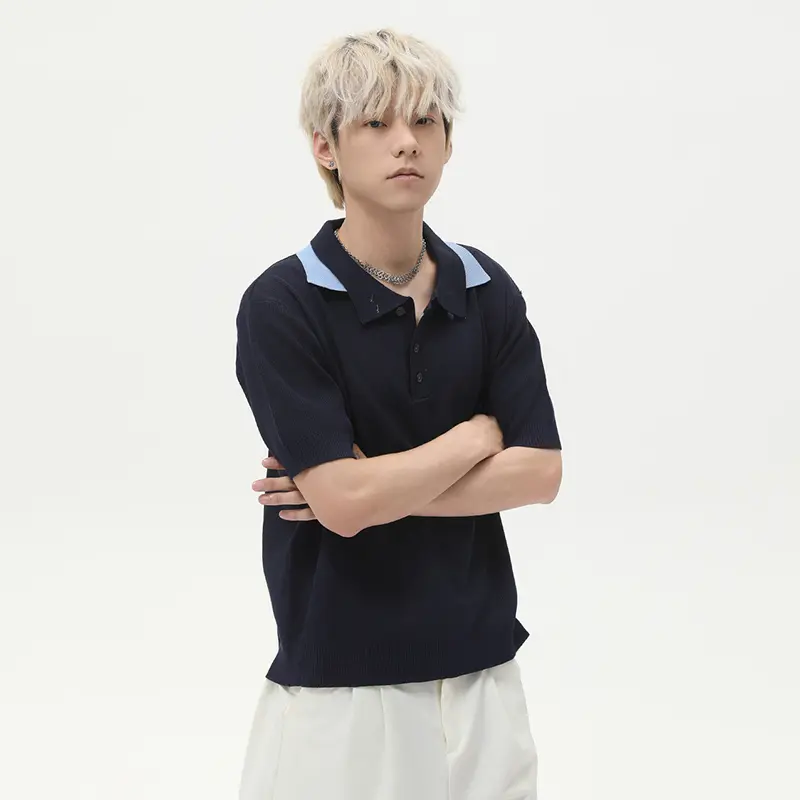 IEFB Korean Style Men's Tees Double Lapel Button Design Knitted Contrast Color Vintage Short Sleeved Loose Male T-shirts 9W3020